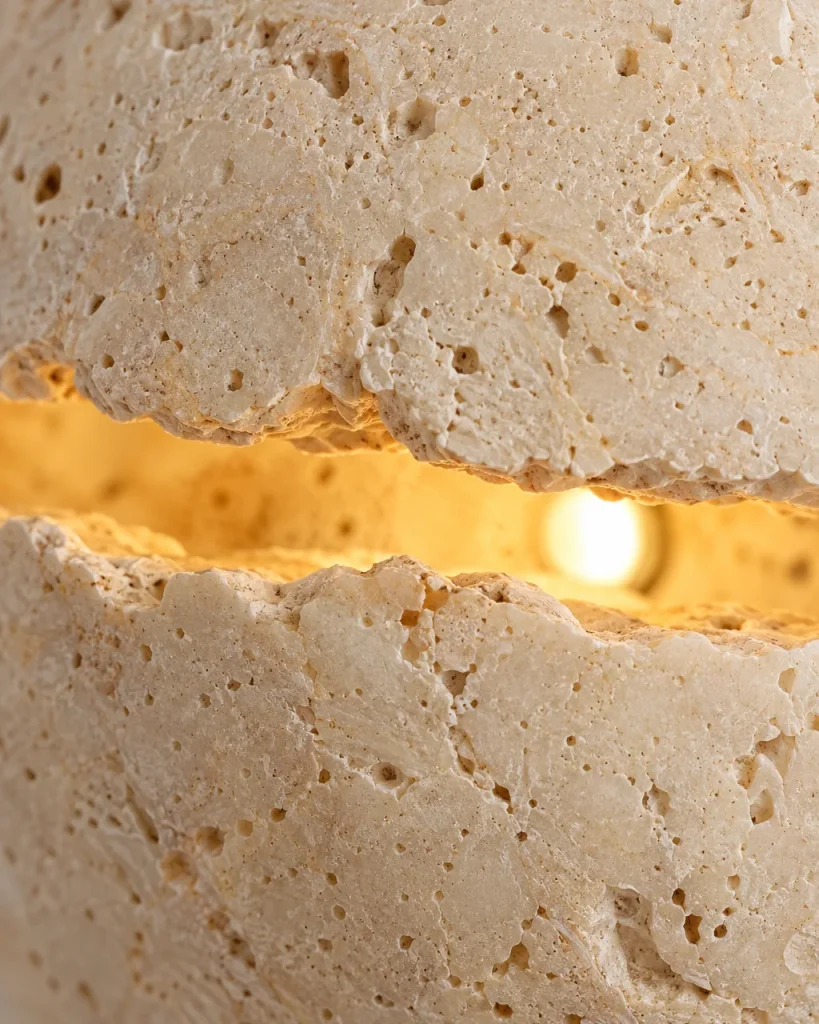 Wandlampe ZITO, Travertin-Kiesel mit Lichtspalt, Ø 20 cm – Detailansicht der Travertinporen und des Lichtspalts