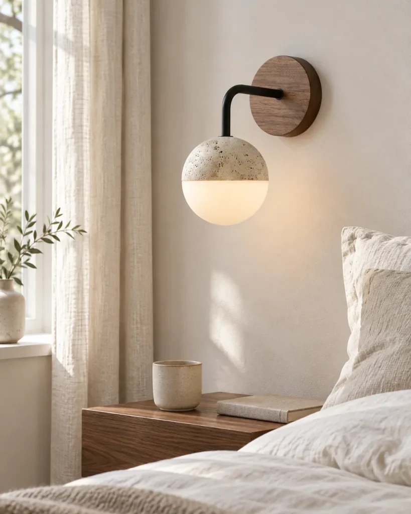 Wandlampe VADA, Kugel-Wandleuchte aus Travertin und Opal-Acryl – im Schlafzimmer über dem Nachttisch, Tageslicht