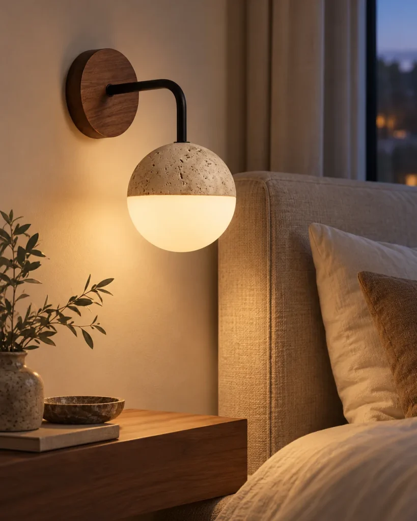 Wandlampe VADA, Kugel-Wandleuchte aus Travertin und Opal-Acryl – im Schlafzimmer neben dem Bett, Abendlicht