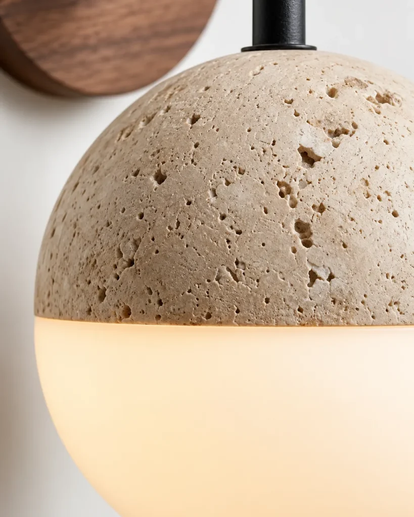 Wandlampe VADA, Kugel-Wandleuchte aus Travertin und Opal-Acryl – Detailansicht der Travertinkappe und des opalen Diffusors