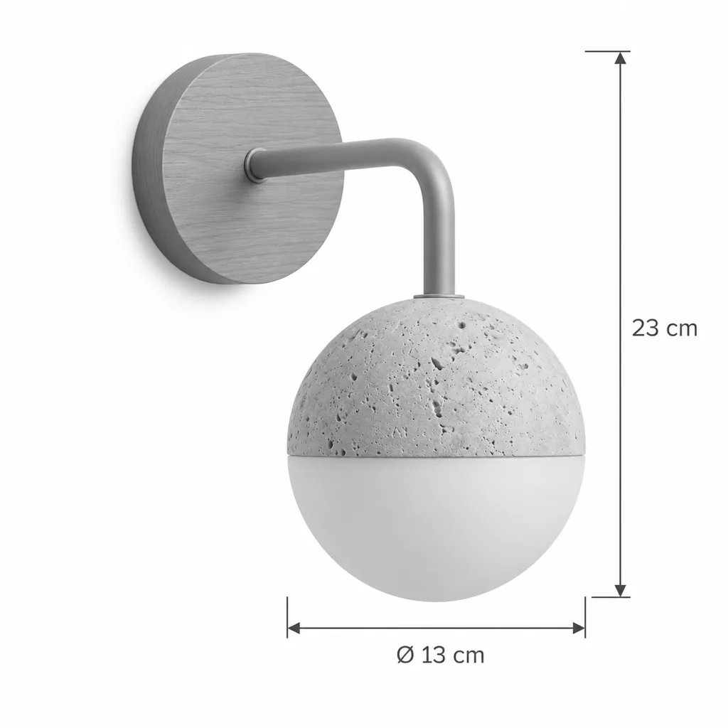 Wandlampe VADA, Kugel-Wandleuchte aus Travertin und Opal-Acryl – Masszeichnung Höhe 23 cm, Kugel Ø 13 cm