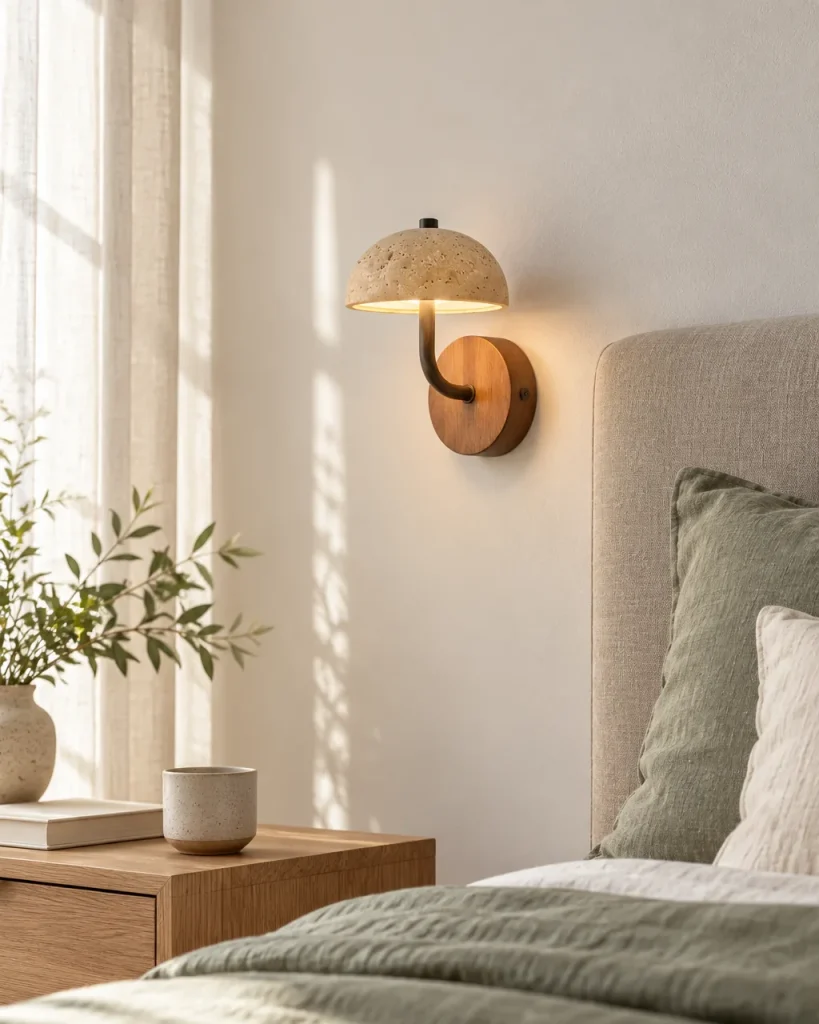 Wandlampe SHIWU, Travertinkuppel auf Holzsockel, Touch, LED – im Schlafzimmer, Tageslicht