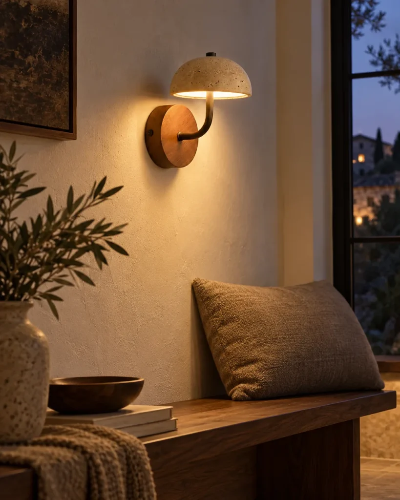 Wandlampe SHIWU, Travertinkuppel auf Holzsockel, Touch, LED – in der Leseecke im Wohnzimmer, Abendlicht