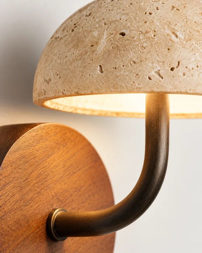 Wandlampe SHIWU, Travertinkuppel auf Holzsockel, Touch, LED – Detailansicht von Travertinporen, Metallarm und Holzmaserung