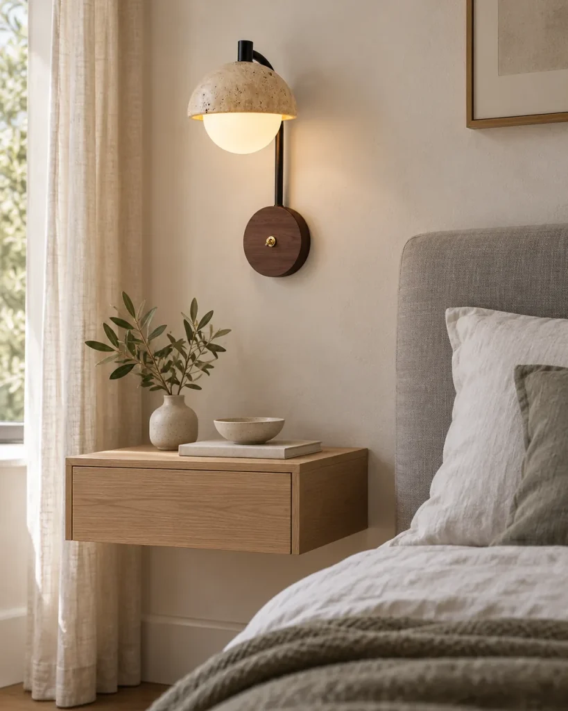Applique IVA, cupola in travertino con sfera di vetro e noce – in camera da letto sopra il comodino, luce diurna