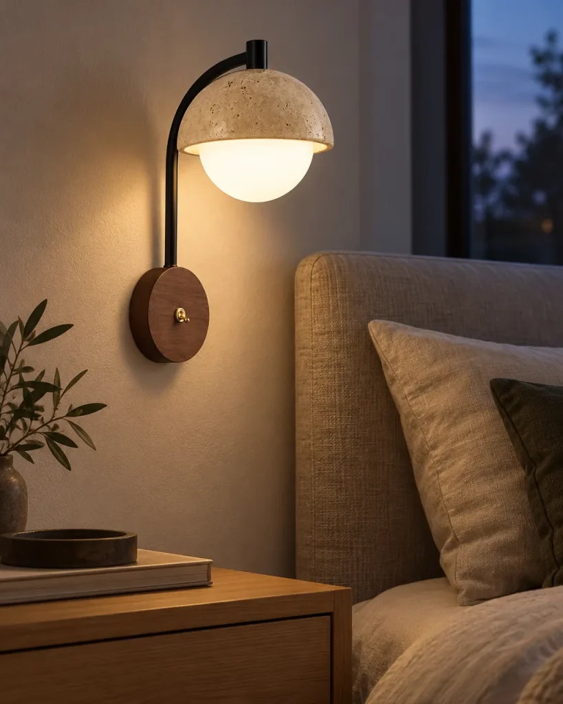 Applique IVA, cupola in travertino con sfera di vetro e noce – in camera da letto sopra il comodino, luce serale
