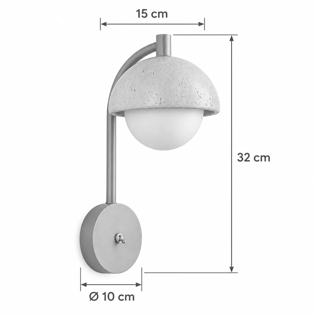 Applique IVA, cupola in travertino e noce – disegno tecnico con misure altezza 32 cm, cupola 15 cm, piastra Ø 10 cm