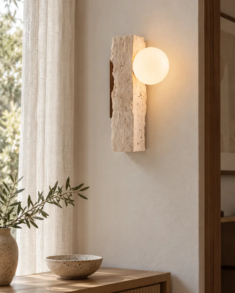 Wandlampe KIDA, Travertin-Monolith mit Opalglas-Kugel – im Eingangsbereich über einer Holzkonsole, Tageslicht