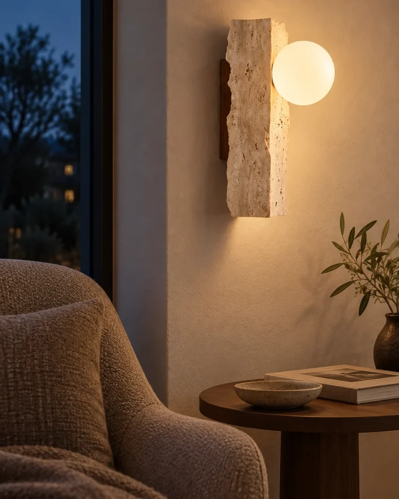 Wandlampe KIDA, Travertin-Monolith mit Opalglas-Kugel – im Wohnzimmer in der Leseecke, Abendlicht