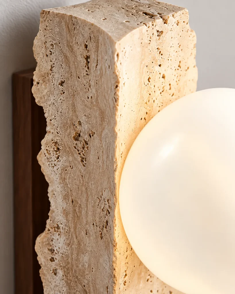 Wandlampe KIDA, Travertin-Monolith mit Opalglas-Kugel – Detailansicht der Travertinporen, der Opalglas-Kugel und der Nussbaumplatte
