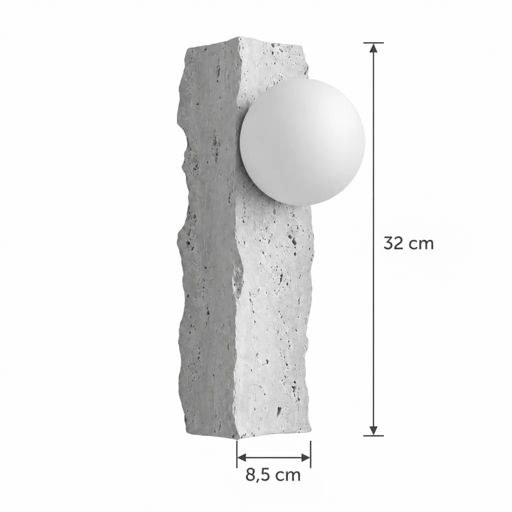 Wandlampe KIDA, Travertin-Monolith mit Opalglas-Kugel – Masszeichnung Höhe 32 cm, Breite 8,5 cm