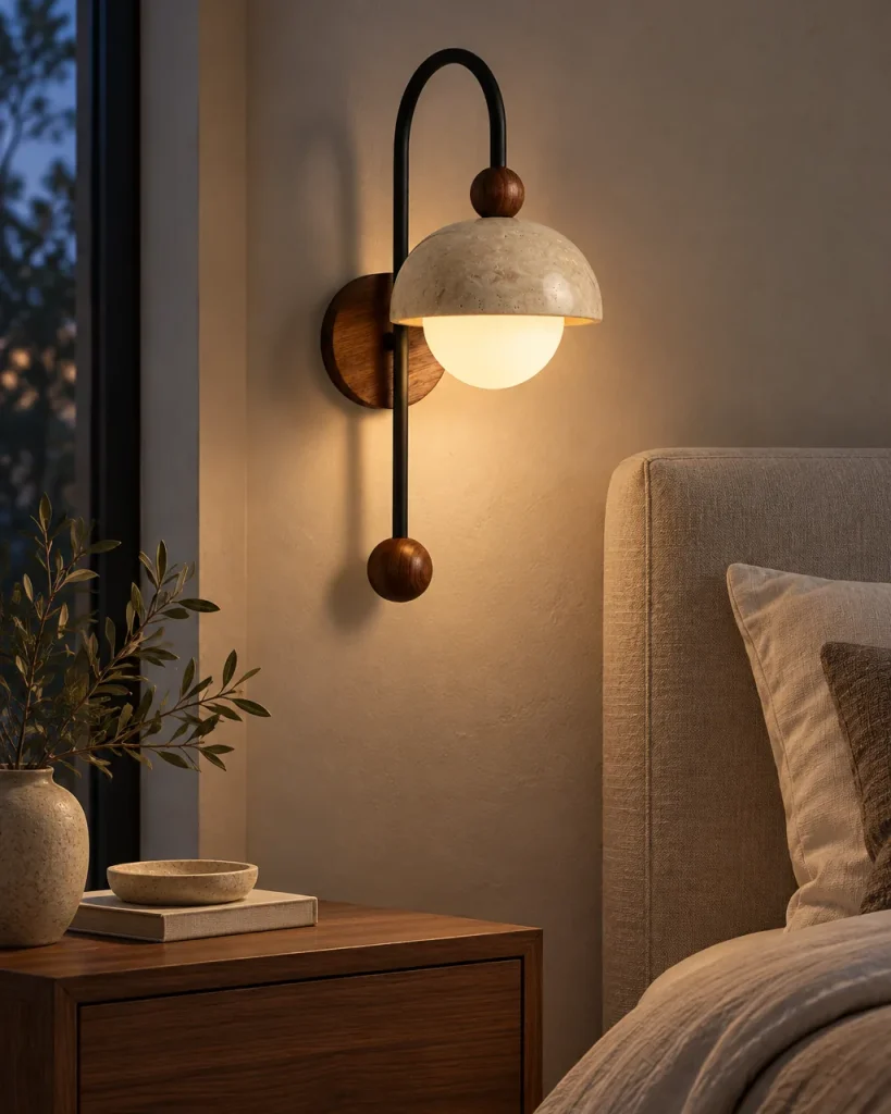 Applique KENO, ad arco con cupola in travertino e noce – in camera da letto sopra il comodino, luce serale