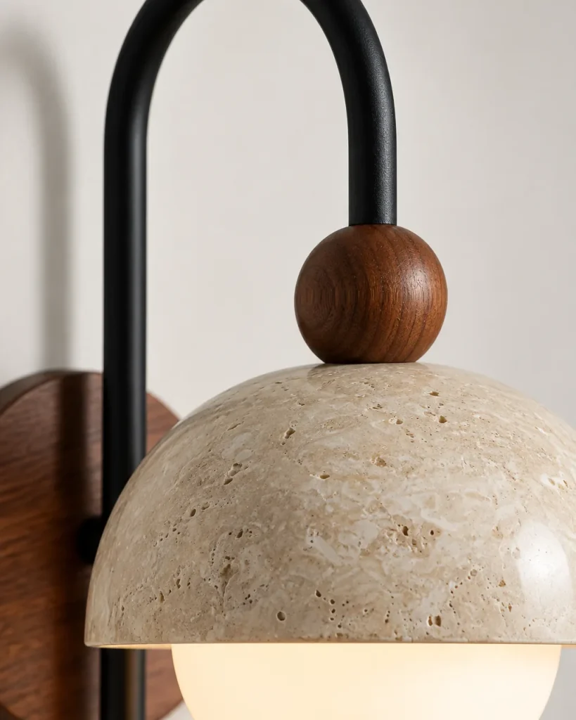 Applique KENO, ad arco con cupola in travertino e noce – dettaglio della cupola in travertino e della sfera in legno