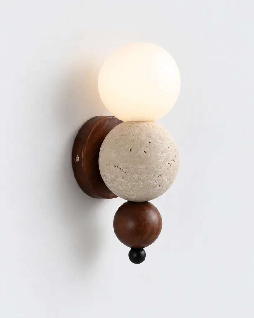 Wandlampe JITO, Wandleuchte aus Travertin, Nussbaum und Opalglas – Nussbaum & Travertin, Produktfoto