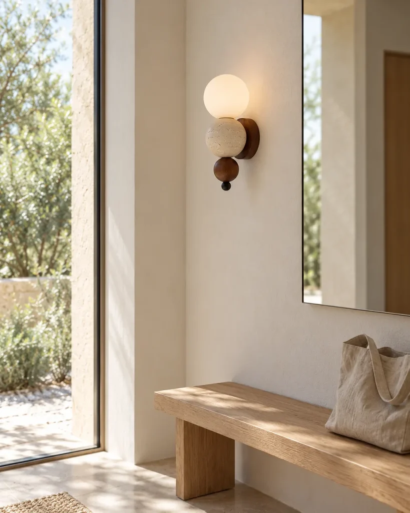 Wandlampe JITO, Wandleuchte aus Travertin, Nussbaum und Opalglas – im Eingangsbereich neben einem Spiegel und einer Holzbank, Tageslicht