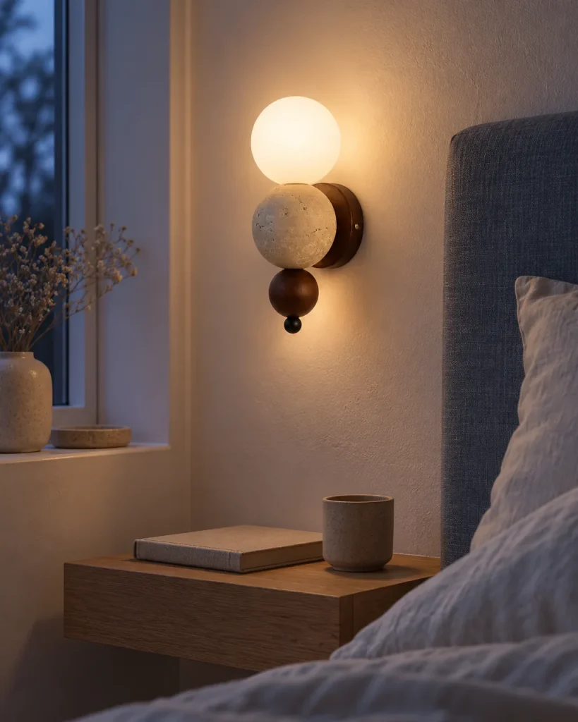 Wandlampe JITO, Wandleuchte aus Travertin, Nussbaum und Opalglas – im Schlafzimmer über dem Nachttisch, Abendlicht