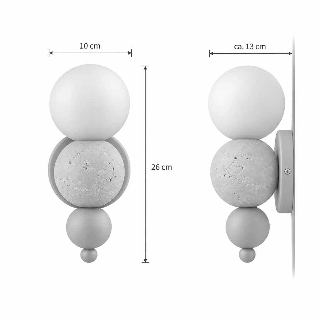 Wandlampe JITO, Wandleuchte aus Travertin, Nussbaum und Opalglas – Masszeichnung Breite 10 cm, Höhe 26 cm, Ausladung ca. 13 cm