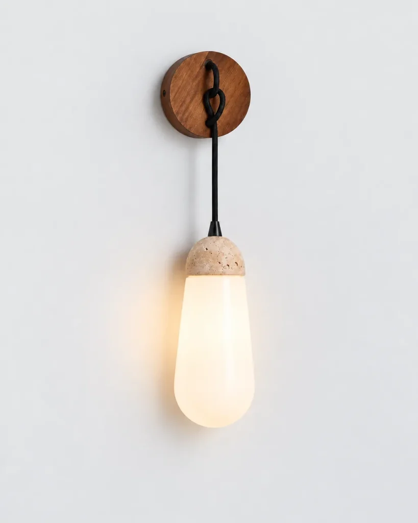 Wandlampe VITO, Travertin-Tropfen aus Opalglas an Nussbaumrosette – Travertin, Produktfoto