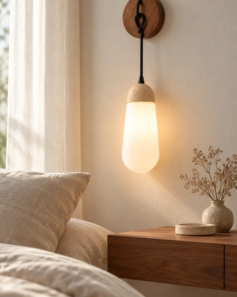 Wandlampe VITO, Travertin-Tropfen aus Opalglas an Nussbaumrosette – im Schlafzimmer mit Holz und Leinen, Tageslicht