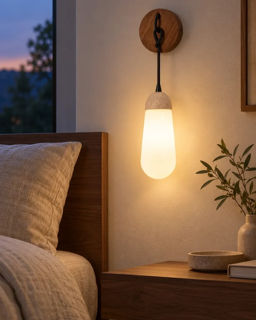 Wandlampe VITO, Travertin-Tropfen aus Opalglas an Nussbaumrosette – im Schlafzimmer mit Holz und Leinen, Abendlicht