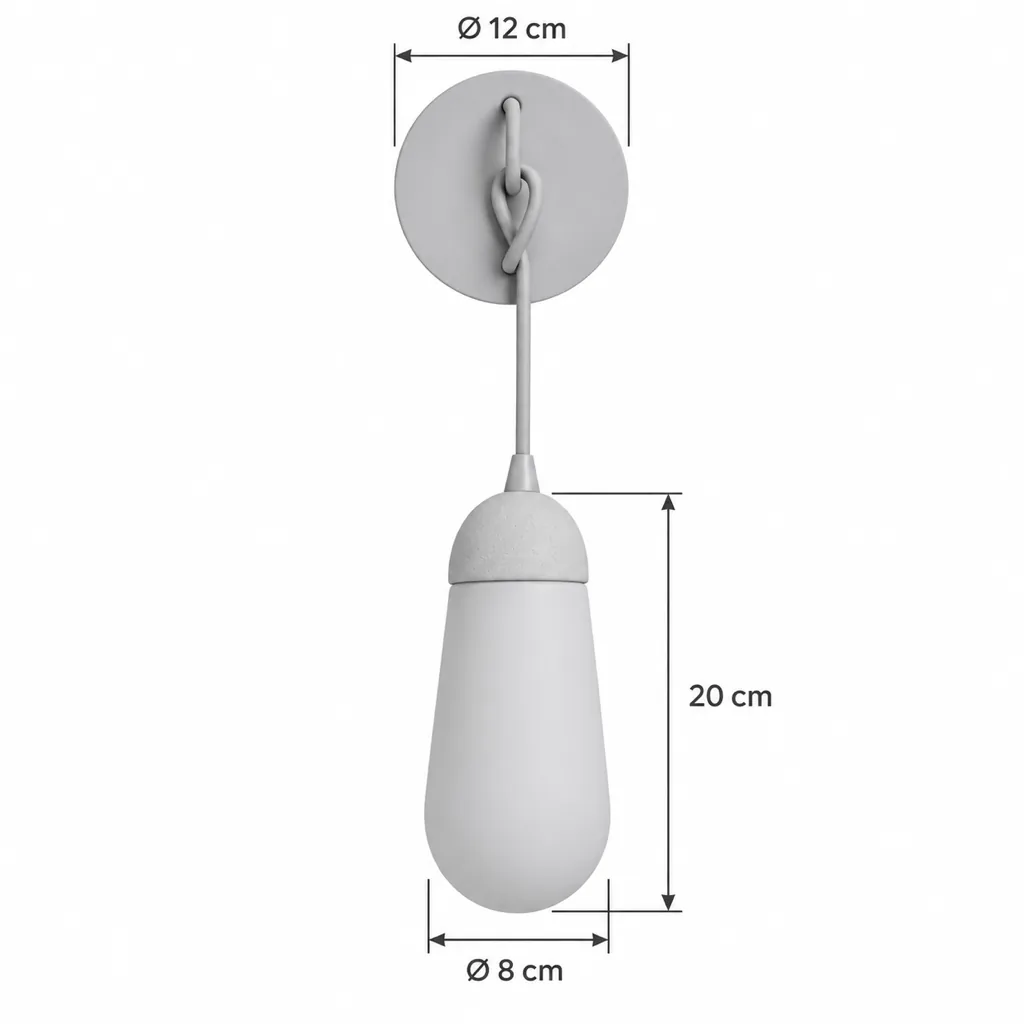 Wandlampe VITO, Travertin-Tropfen aus Opalglas an Nussbaumrosette – Masszeichnung Rosette Ø 12 cm, Glaskörper 20 cm, Glas Ø 8 cm