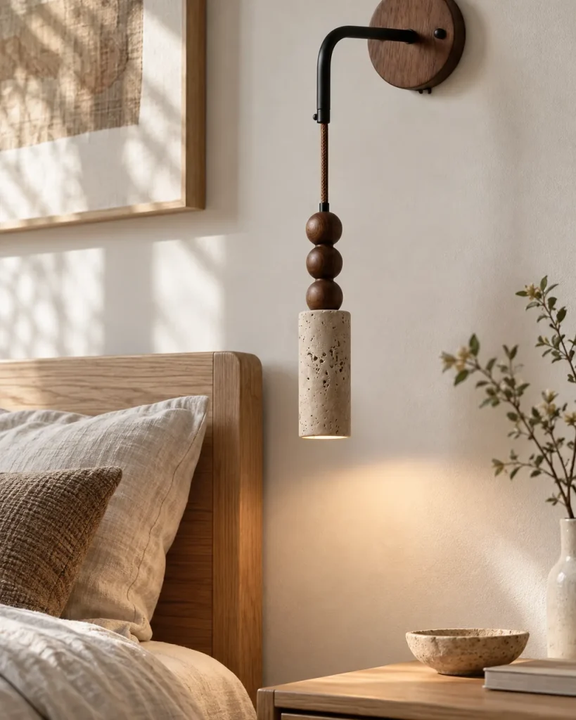 Applique ZEVO, pendente in travertino su rosone in legno, tre forme – in camera accanto al letto in legno, luce diurna