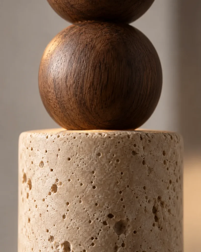Applique ZEVO, pendente in travertino su rosone in legno, tre forme – dettaglio della sfera in noce e dei pori