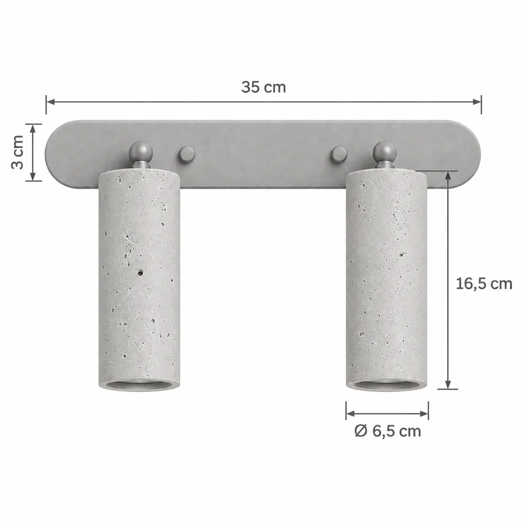 Applique SULA, travertino con 2 o 3 cilindri – disegno tecnico con misure doppia, larghezza 35 cm