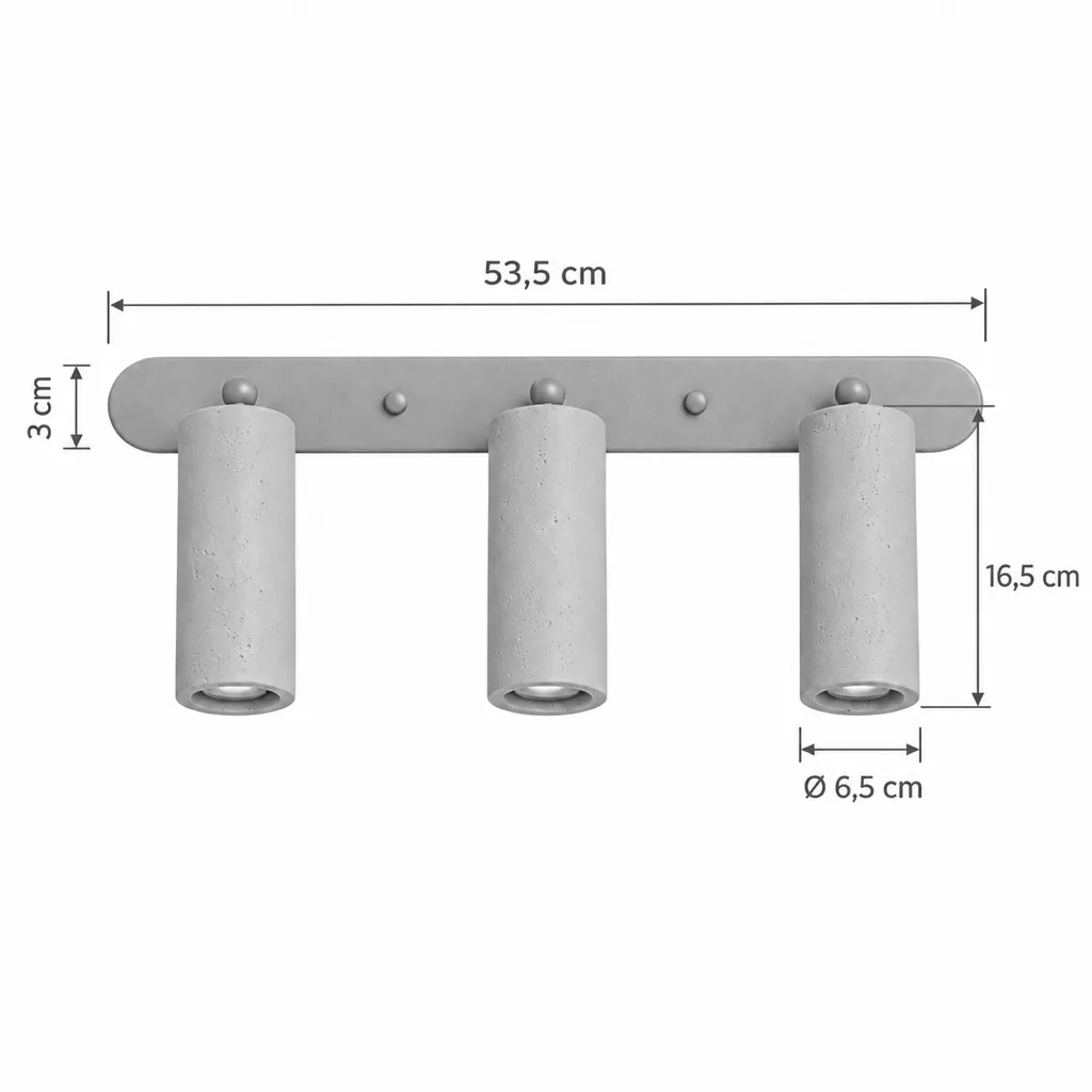 Applique SULA, travertino con 2 o 3 cilindri – disegno tecnico con misure tripla, larghezza 53,5 cm