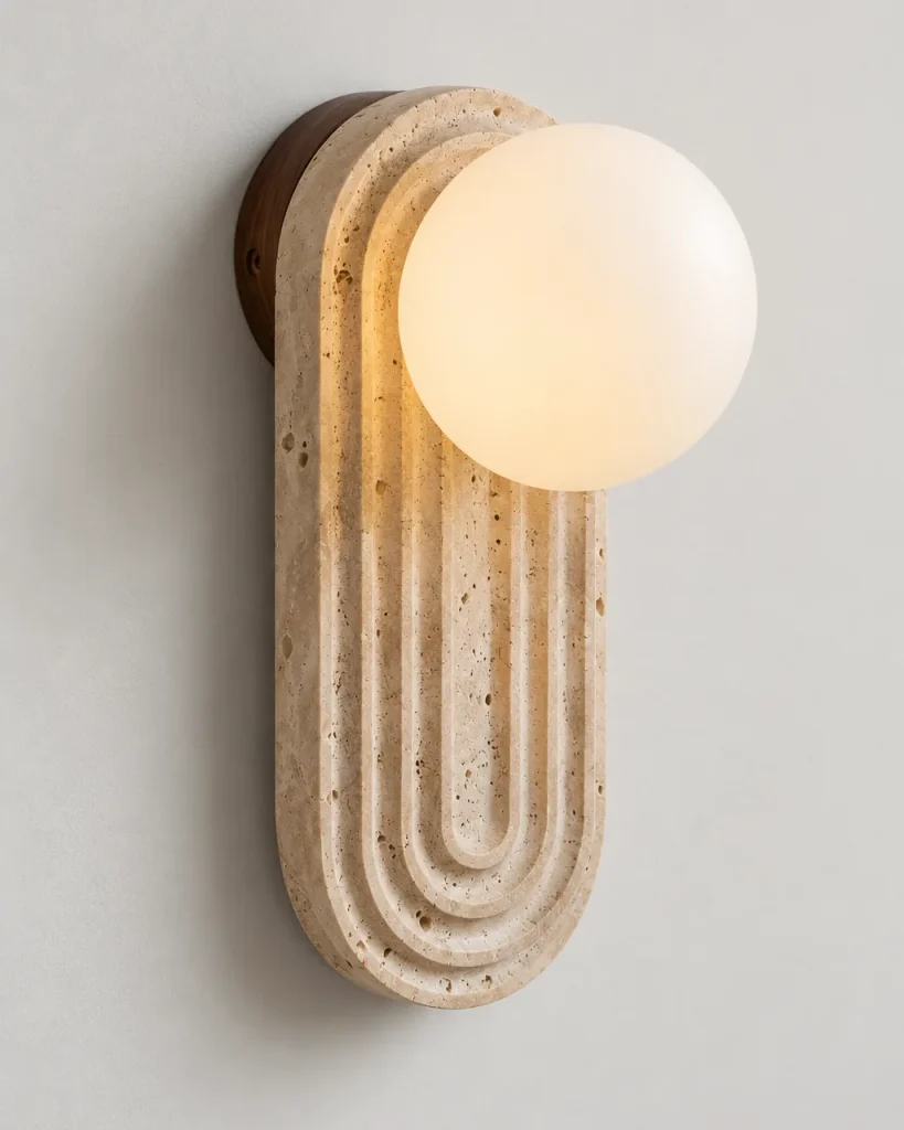 Wandlampe BELI, gerillter Travertin mit Opalglaskugel – Travertin, Produktfoto