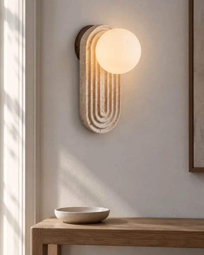 Wandlampe BELI, gerillter Travertin mit Opalglaskugel – im Flur über einer Holzkonsole, Tageslicht