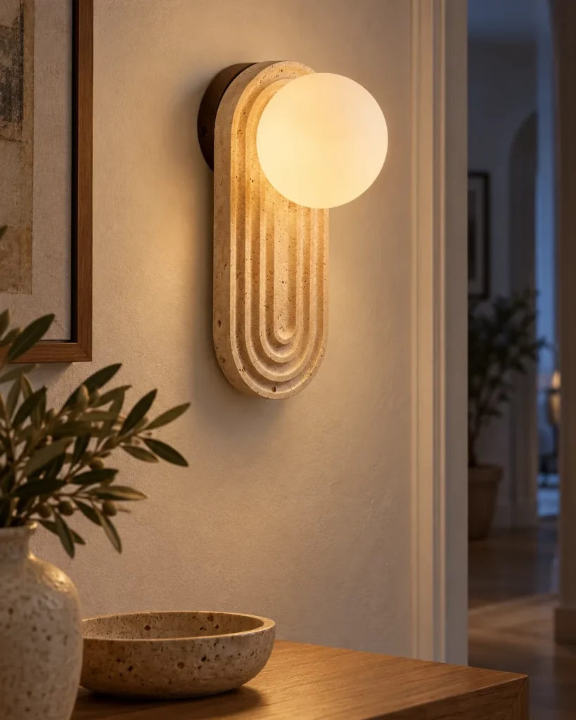 Wandlampe BELI, gerillter Travertin mit Opalglaskugel – über einer Holzkommode, Abendlicht