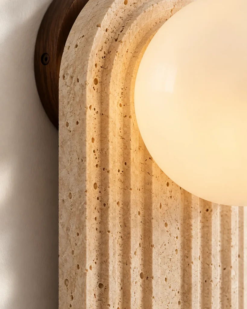 Wandlampe BELI, gerillter Travertin mit Opalglaskugel – Detailansicht der Travertinrillen und der Opalglaskugel