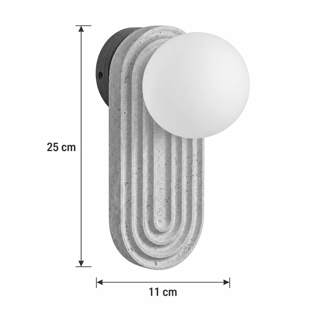 Wandlampe BELI, gerillter Travertin mit Opalglaskugel – Masszeichnung 25 cm hoch, 11 cm breit