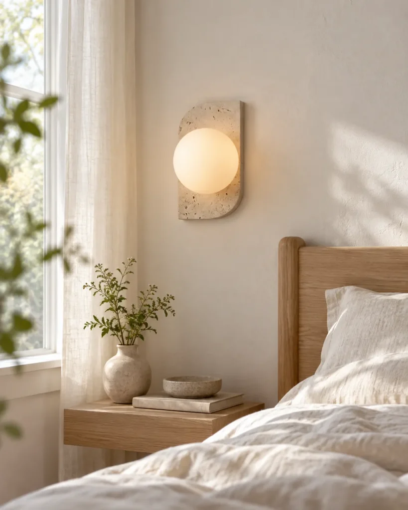 Wandlampe NEMI, Travertinplatte mit Opalglaskugeln – im Schlafzimmer mit Eiche und Leinen, Tageslicht