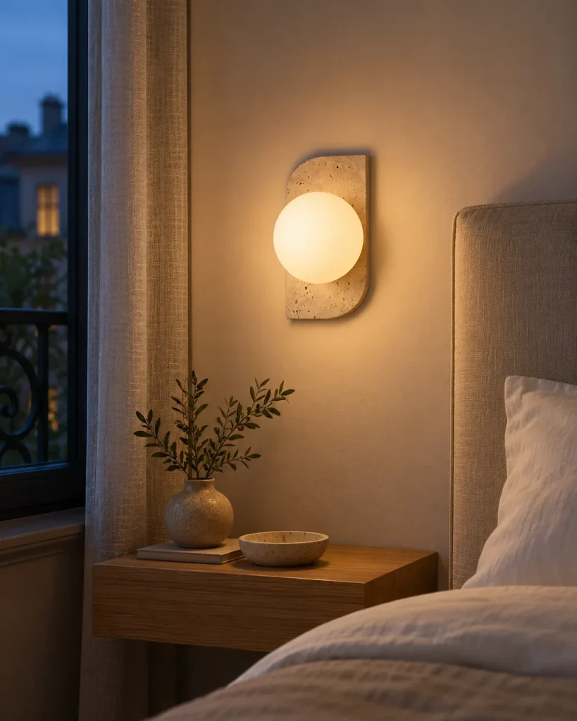 Wandlampe NEMI, Travertinplatte mit Opalglaskugeln – im Schlafzimmer, Abendlicht