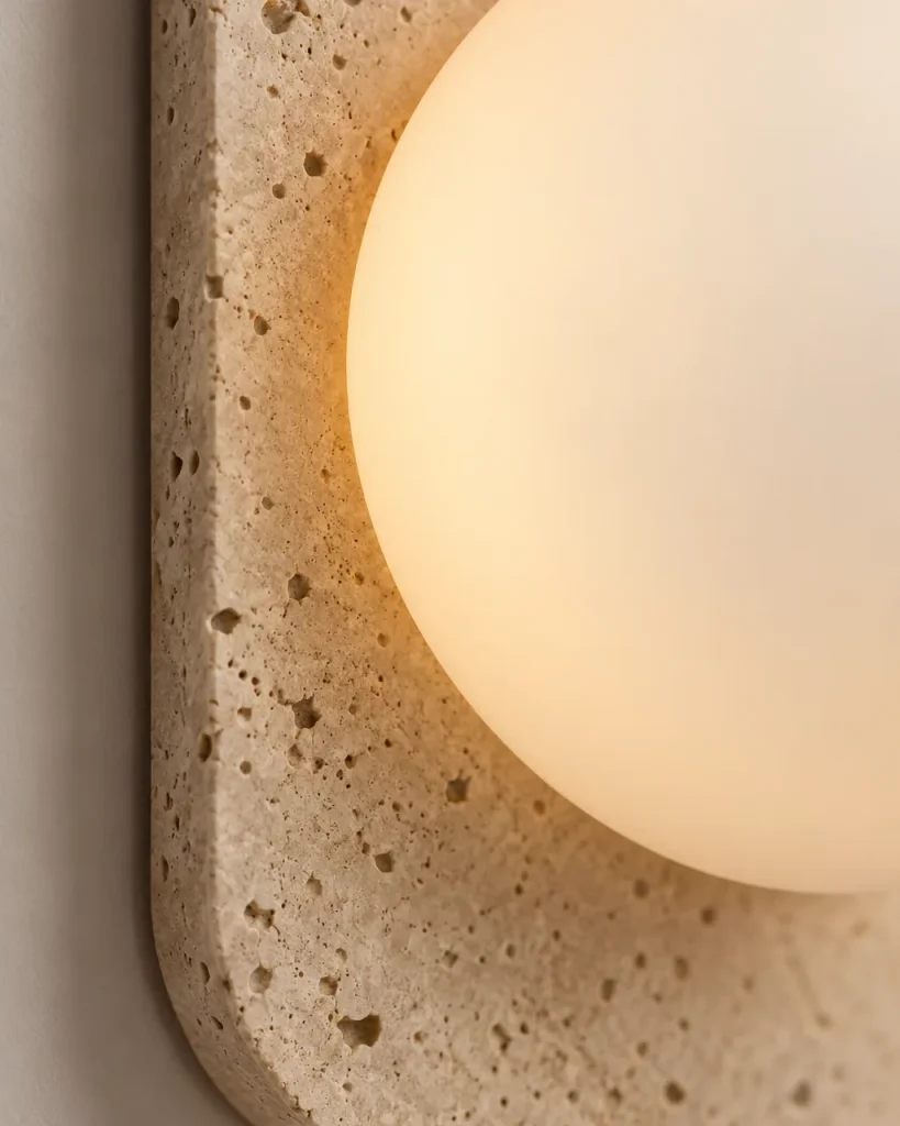 Wandlampe NEMI, Travertinplatte mit Opalglaskugeln – Detailansicht der Travertinporen und der Opalglaskugel