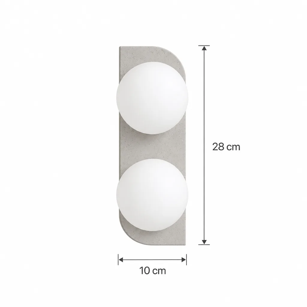 Wandlampe NEMI, Travertinplatte mit Opalglaskugeln – Masszeichnung Doppelt, 10 × 28 cm