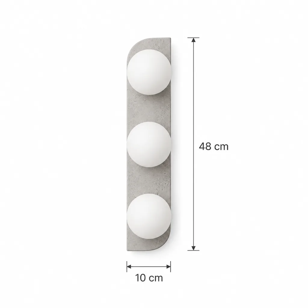 Wandlampe NEMI, Travertinplatte mit Opalglaskugeln – Masszeichnung Dreifach, 10 × 48 cm