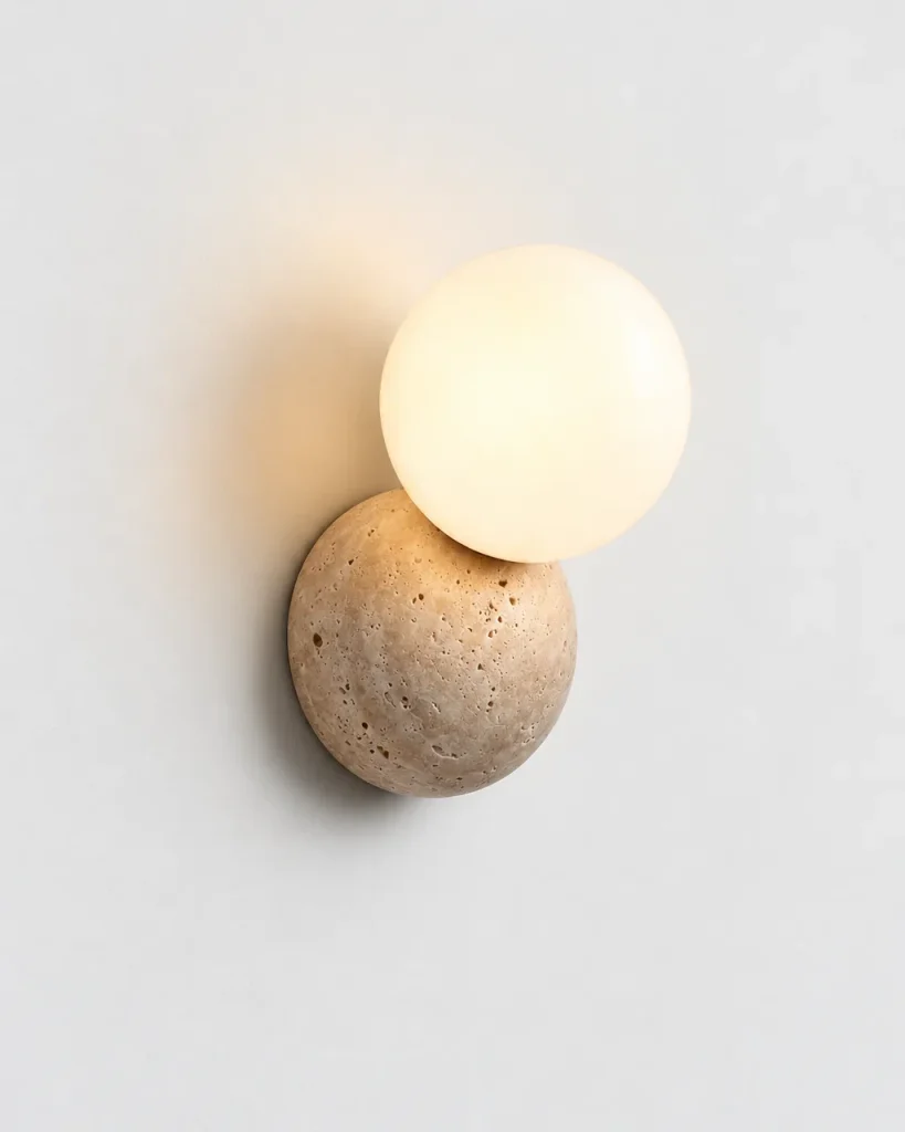 Wandlampe TSUKI, Travertin-Wandleuchte mit Opalglaskugel – Travertin, Produktfoto