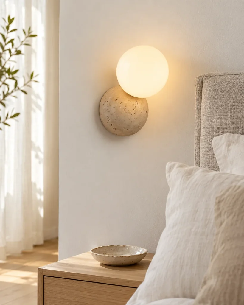 Wandlampe TSUKI, Travertin-Wandleuchte mit Opalglaskugel – im Schlafzimmer über dem Nachttisch, Tageslicht
