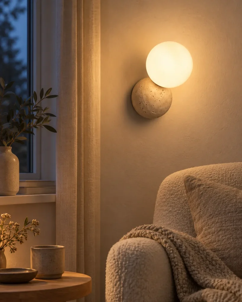 Wandlampe TSUKI, Travertin-Wandleuchte mit Opalglaskugel – in einer Leseecke im Wohnzimmer, Abendlicht