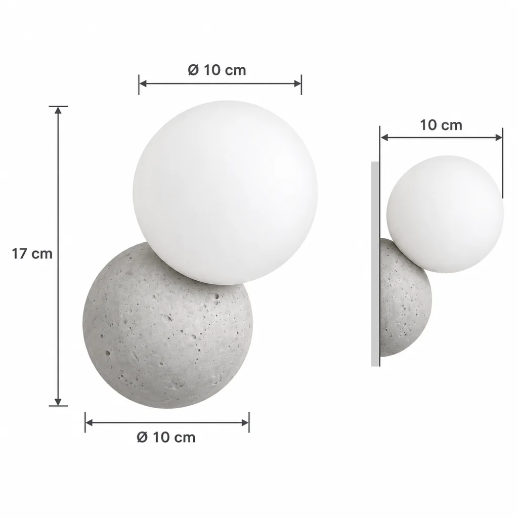 Wandlampe TSUKI, Travertin-Wandleuchte mit Opalglaskugel – Masszeichnung Höhe 17 cm, Ø 10 cm, Tiefe 10 cm