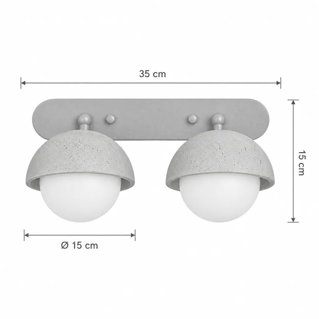 Wandlampe KOVA, Travertin-Wandleuchte mit zwei oder drei Glaskugeln – Masszeichnung Doppelt 35 x 15 cm, Ø 15 cm