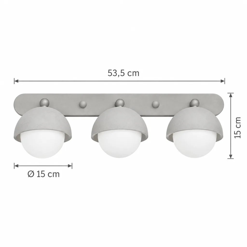 Wandlampe KOVA, Travertin-Wandleuchte mit zwei oder drei Glaskugeln – Masszeichnung Dreifach 53,5 x 15 cm, Ø 15 cm