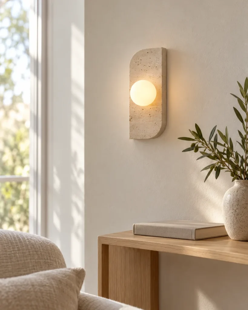 Wandlampe KANSO, Travertin-Wandleuchte mit Opalglas-Kugel – im Wohnzimmer über einer Holzkonsole neben dem Sessel, Tageslicht