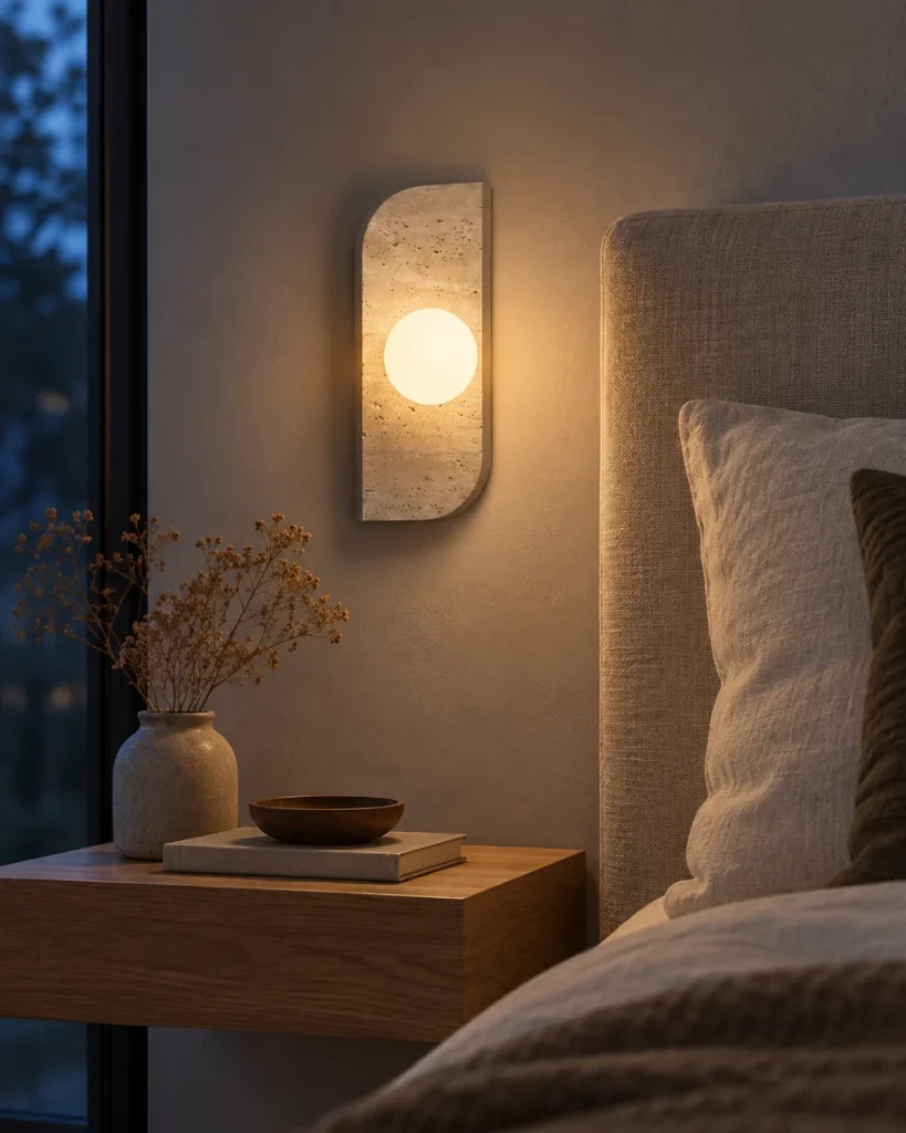 Wandlampe KANSO, Travertin-Wandleuchte mit Opalglas-Kugel – im Schlafzimmer über dem Nachttisch, Abendlicht