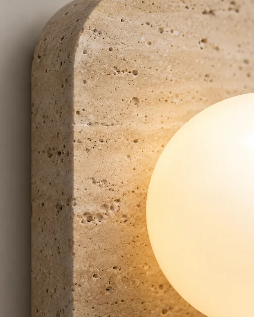Wandlampe KANSO, Travertin-Wandleuchte mit Opalglas-Kugel – Detailansicht der Travertinplatte und der Opalglas-Kugel
