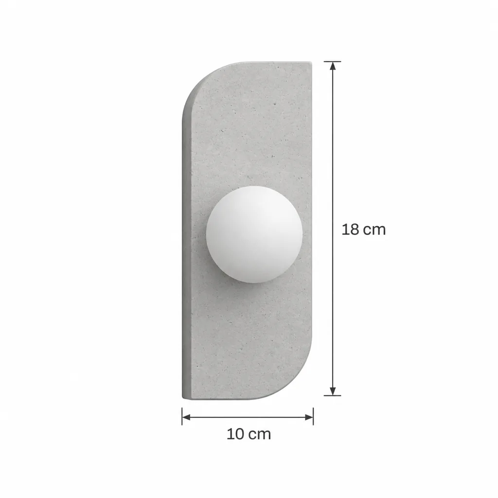 Wandlampe KANSO, Travertin-Wandleuchte mit Opalglas-Kugel – Masszeichnung Höhe 18 cm, Breite 10 cm