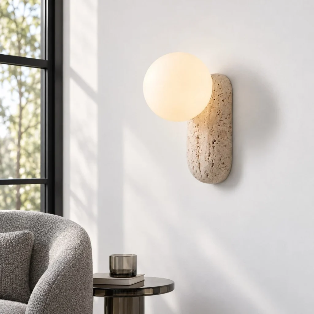 Wandlampe NIDUS, strukturierter Travertin mit Opalglas – Wohnambiente bei Tageslicht